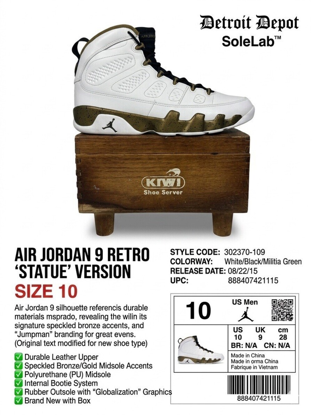 Nike Air Jordan 9 Retro 'Statue' Size 10 Sneakers- 302370-109 AJ9